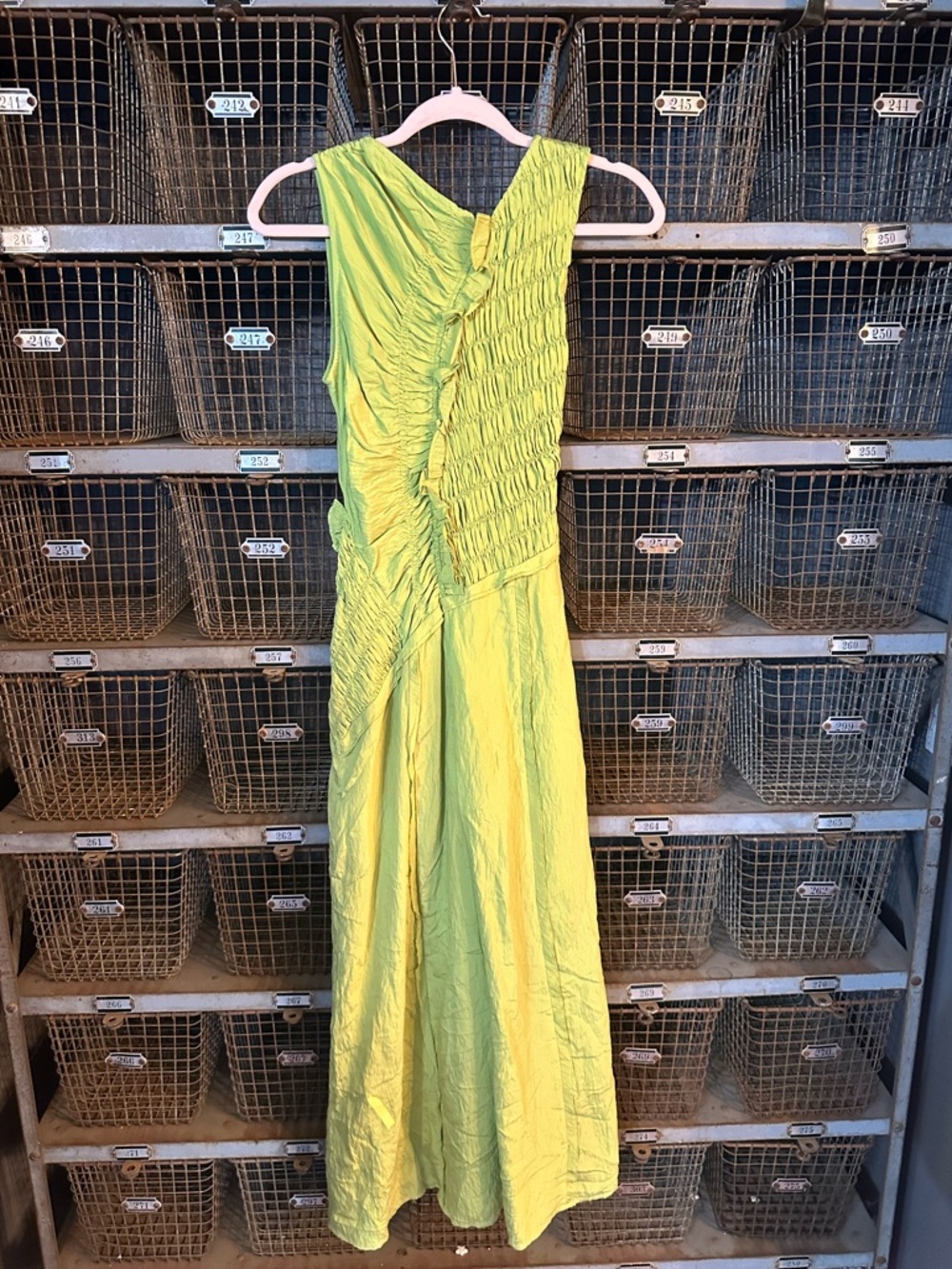 Anthropologie Lime Green Asymmetrical Smocked Bodice Midi Dress 38544 - Picture 7 of 12